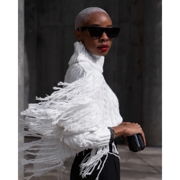 Ronny Kobo Maram Fringed Cableknit Turtleneck Sweater Women’s XL - Picture 4 of 11